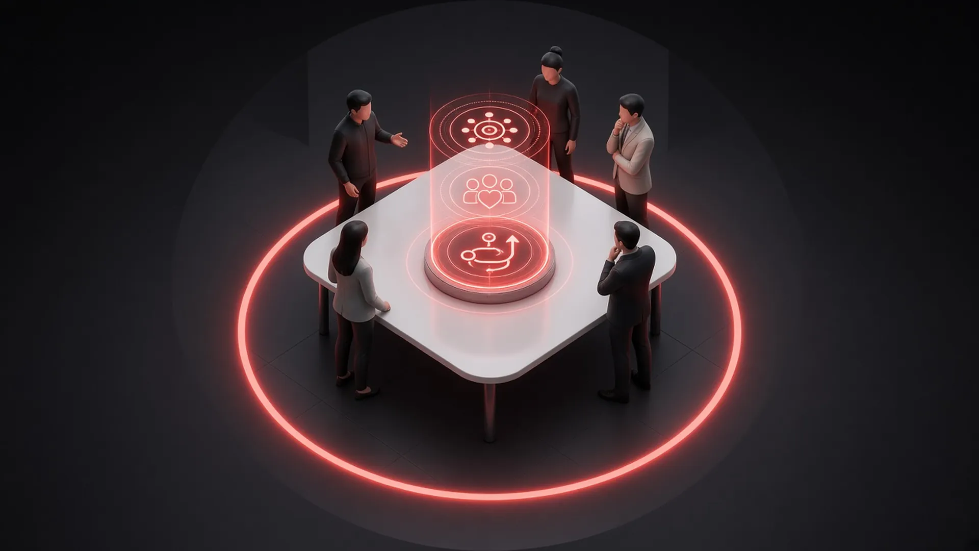 A strategy team around a glowing coral hologram
