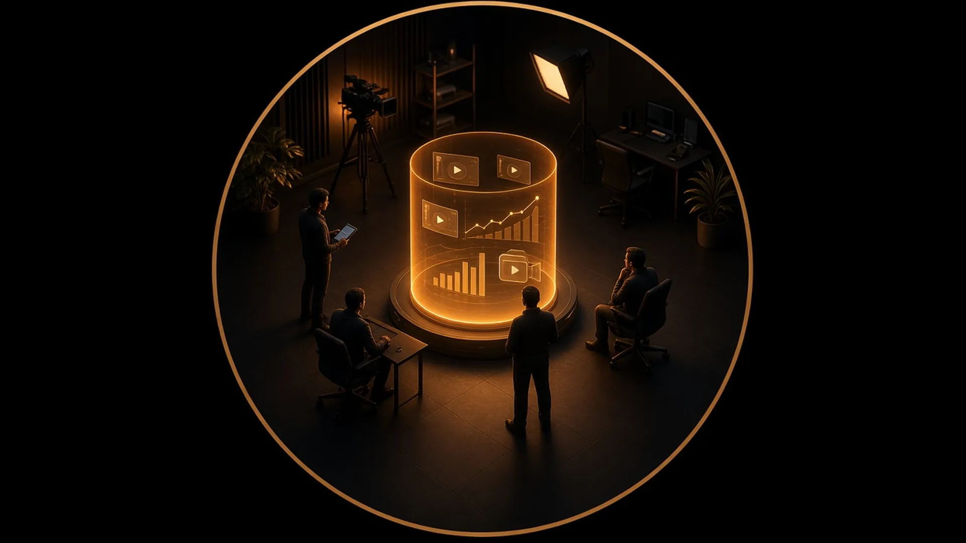 A team working around a glowing hologram in a studio