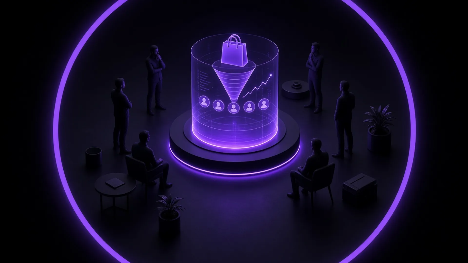 A team around a glowing hologram of a shopping funnel